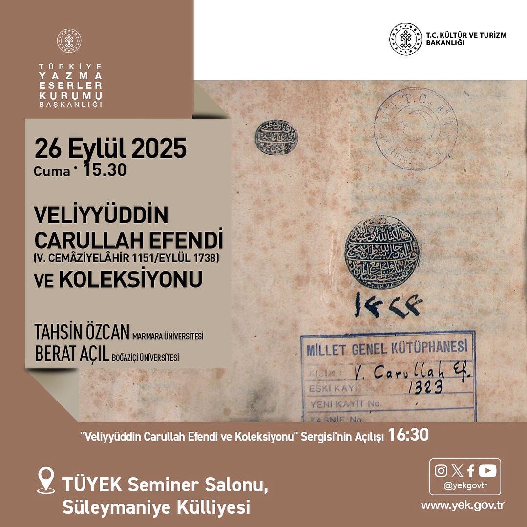 Kitap sevdalısı bir Osmanlı âlimi, kadı, müderris ve kütüphaneci Veliyyüddin Cârullah Efendi’nin hayatı, eserleri ve derkenar notlarıyla müstesna bir hüviyet kazanan koleksiyonunun Tahsin Özcan, Berat Açıl hocalarımız tarafından değerlendirileceği “Veliyyüddin Carullah Efendi (v.