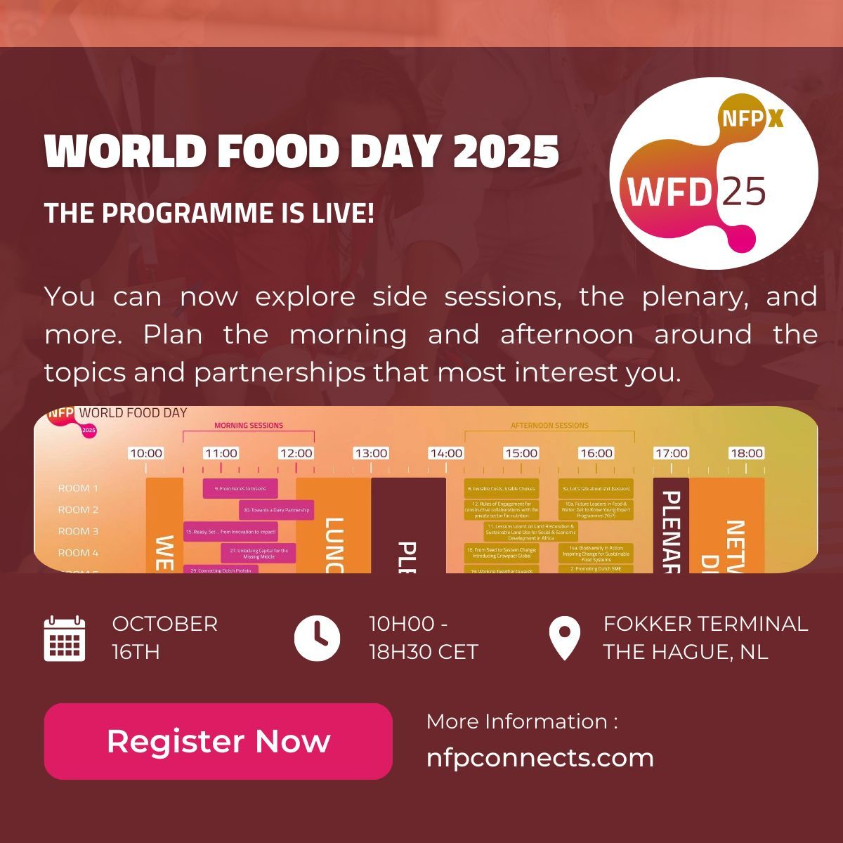 The WFD2025 programme is live. Explore side sessions, the plenary, and other unique networking opportunities on the event website.  If you're already registered you can now also indicate which side session you plan to attend. Register today! lyyti.fi/reg/WorldFoodD… #worldfoodday