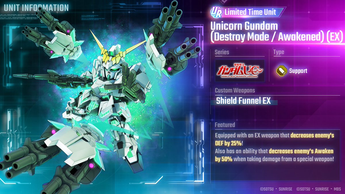 ggene_eternalEN's tweet photo. ◤━━━━━━
#GundamEternal
New Unit Showcase!
━━━━━━━◢

Here's a sneak peek of the new limited time Unit, UR Unicorn Gundam (Destroy Mode / Awakened) (EX), arriving on 9/30 (JST)!

#GGeneration #GGen https://t.co/57qo6L4k9P