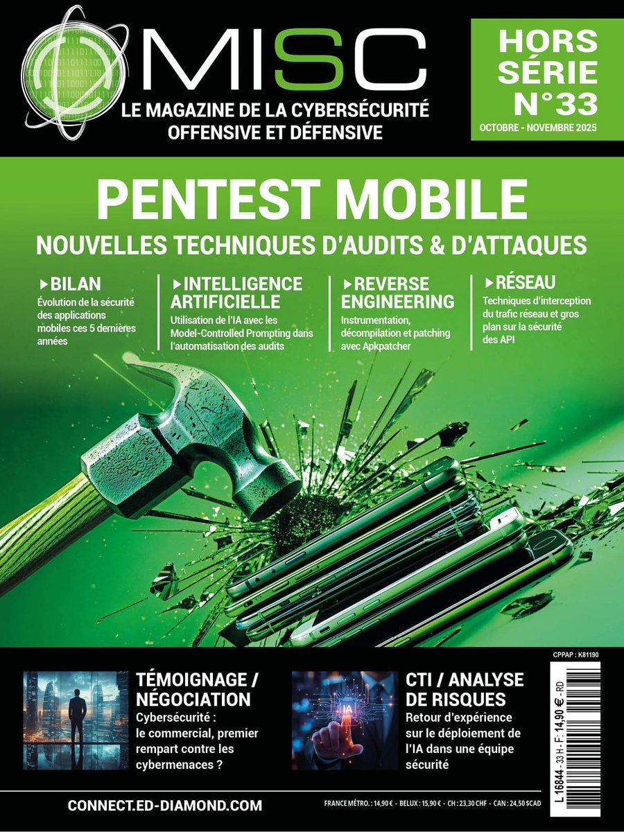 editionsdiamond's tweet image. MISC dédie son nouveau hors-série au pentest mobile !

Découvrez les nouvelles techniques d'attaques et d'audits en kiosque &amp;amp; en ligne (ports offerts ou lecture en ligne immédiate) =&amp;gt; boutique.ed-diamond.com/nouveautes/178…. 

#cybersécurité #pentest #android #iOS