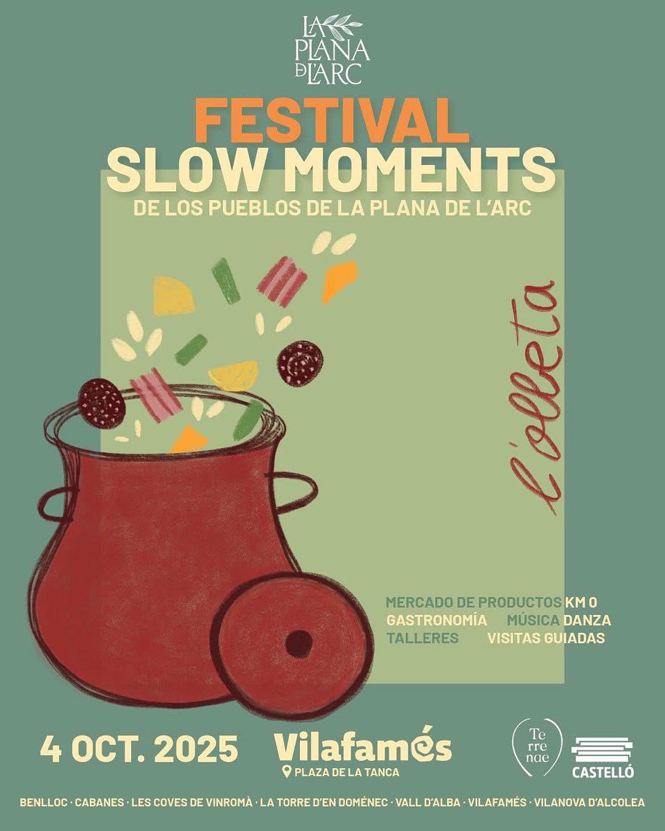 📆💫 Festival Slow Moments “L’Olleta” – 4 d’octubre.

Els 7 pobles es reuneixen per cuinar la seua tradicional olleta 🍲, un plat ple de sabor i història que podràs degustar en un ambient únic.

T’esperem el 4 d’octubre des de les 09:30h a la Plaça de La Tanca de Vilafamés! 🤗🎉