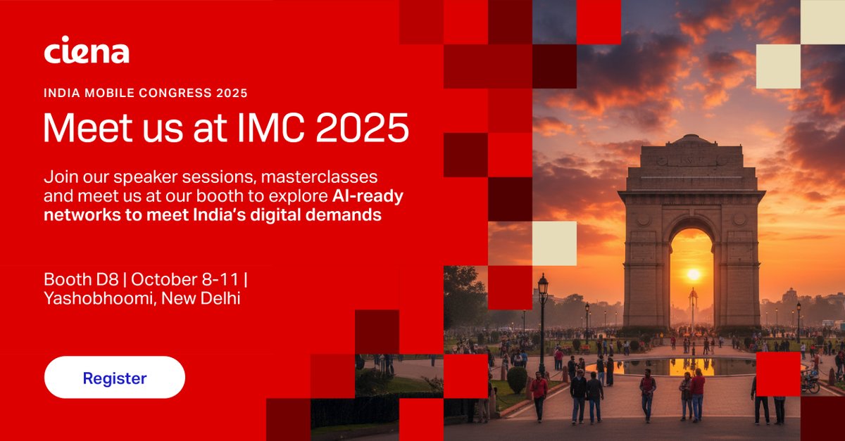 Ciena is proud to be a Gold Partner at <a href="/exploreIMC/">India Mobile Congress</a> 2025! Join us at Booth D8, Yashobhoomi, New Delhi (Oct 8–11) to experience how AI-ready networks are shaping India’s digital future. Meet us: web.ciena.com/f62c54

#IMC2025 #IndiaMobileCongress #AI #DigitalIndia