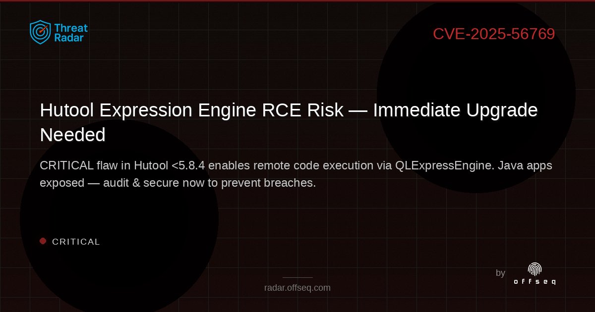 offseq's tweet image. 🚨 CRITICAL: Hutool &lt;5.8.4 lets attackers exploit QLExpressEngine for possible RCE—Java apps at risk! Audit &amp; upgrade ASAP. Finance, health, gov sectors especially alert. Details: radar.offseq.com/threat/cve-202… #OffSeq #RCE #JavaSecurity