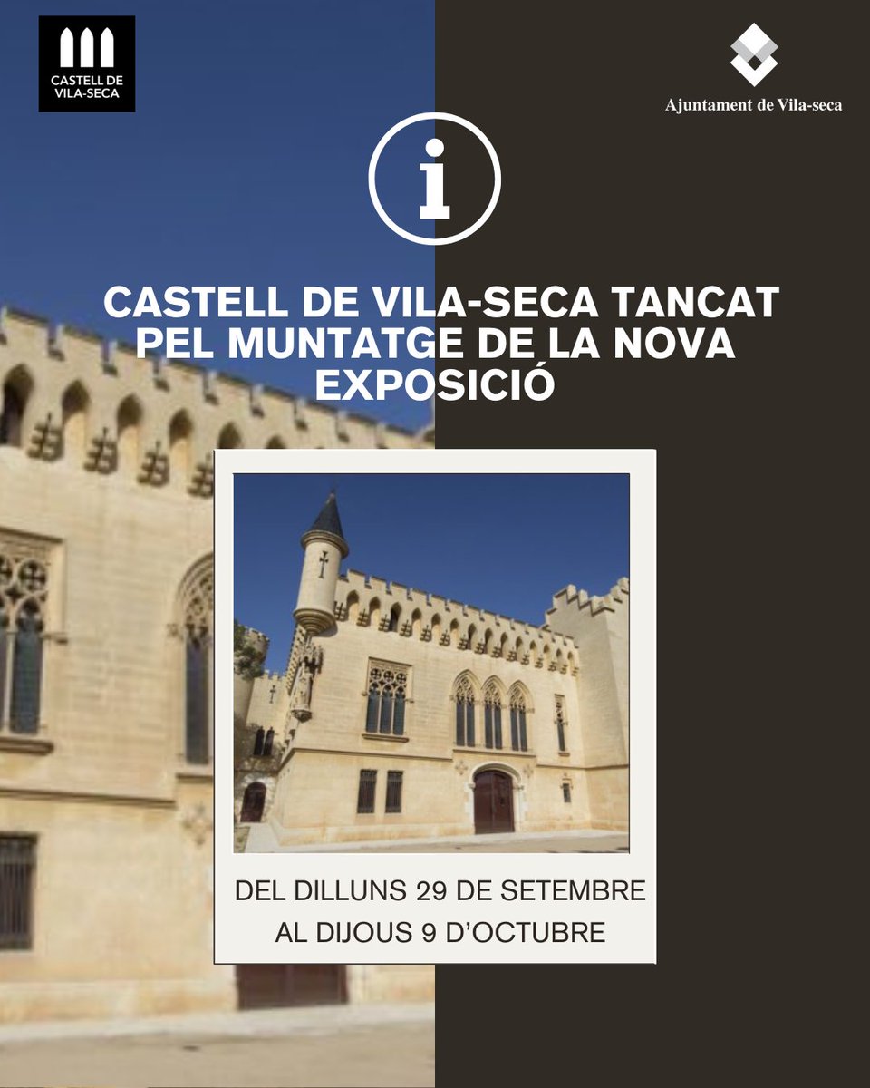 ℹ️ Informem que el Castell de #Vilaseca restarà tancat per muntatge d’exposició des del dilluns 29 de setembre fins al dijous 9 d’octubre.
Gràcies per la vostra comprensió.
#CastellDeVilaseca #CulturaVilaseca