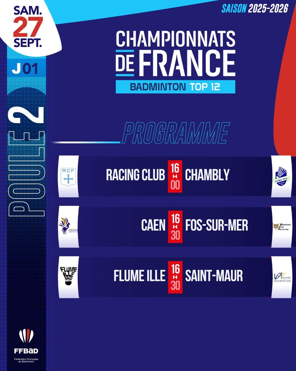 🏸 #Top12 | 1ère journée 
Découvrez les affiches de cette première journée de Top12 !
🔗 bit.ly/Top12-2526-J1p…

Plus d'infos :
🗓️ Poule 1 : icbad.ffbad.org/competition/25…
🗓️ Poule 2 : icbad.ffbad.org/competition/25…