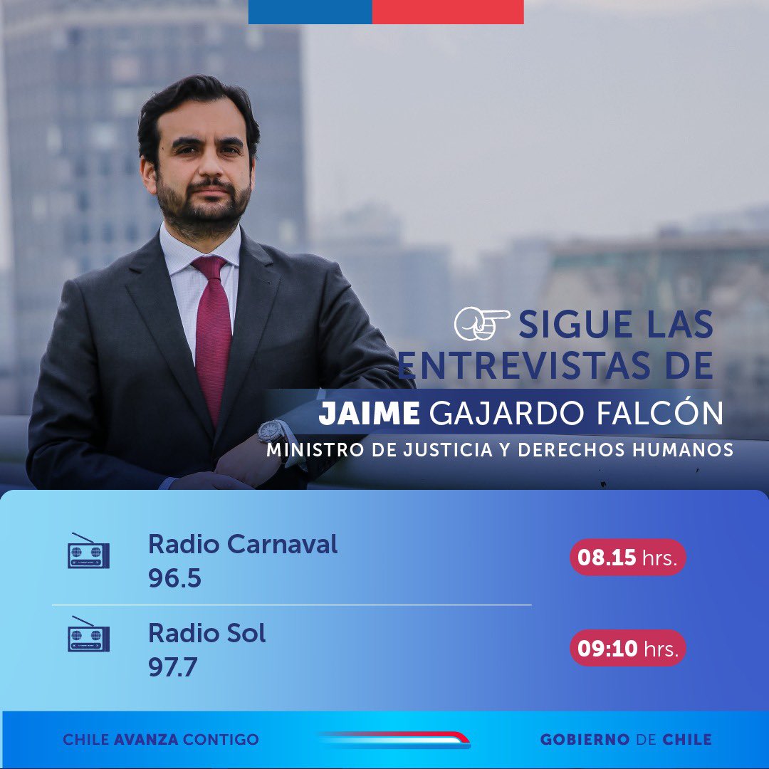 📻 ¡Sintoniza! | El ministro de Justicia y Derechos Humanos, Jaime Gajardo Falcón ya está en la región de Antofagasta, sigue sus entrevistas 👉

Escuchalo a las 08.15 hrs por <a href="/RadioCarnavalFM/">Radio Carnaval FM</a>  y a las 09.10 hrs en <a href="/radiosolchile/">Radio Sol Antofagasta</a>
