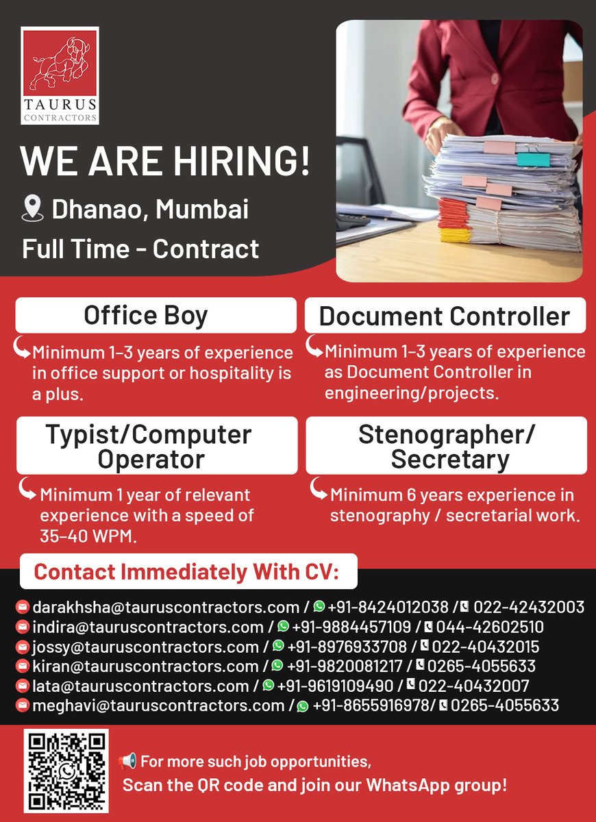 taurusonlinejob's tweet photo. Attention #jobseekers our clients are #nowhiring, for the fastest way to upload your #CV use the link https://t.co/6QA6BHIOn8
#WeAreHiring #JobOpening #MumbaiJobs #ContractJobs #FullTimeJobs #TaurusContractors #DocumentController #OfficeBoy #ComputerOperator https://t.co/1fFz7CL2IK