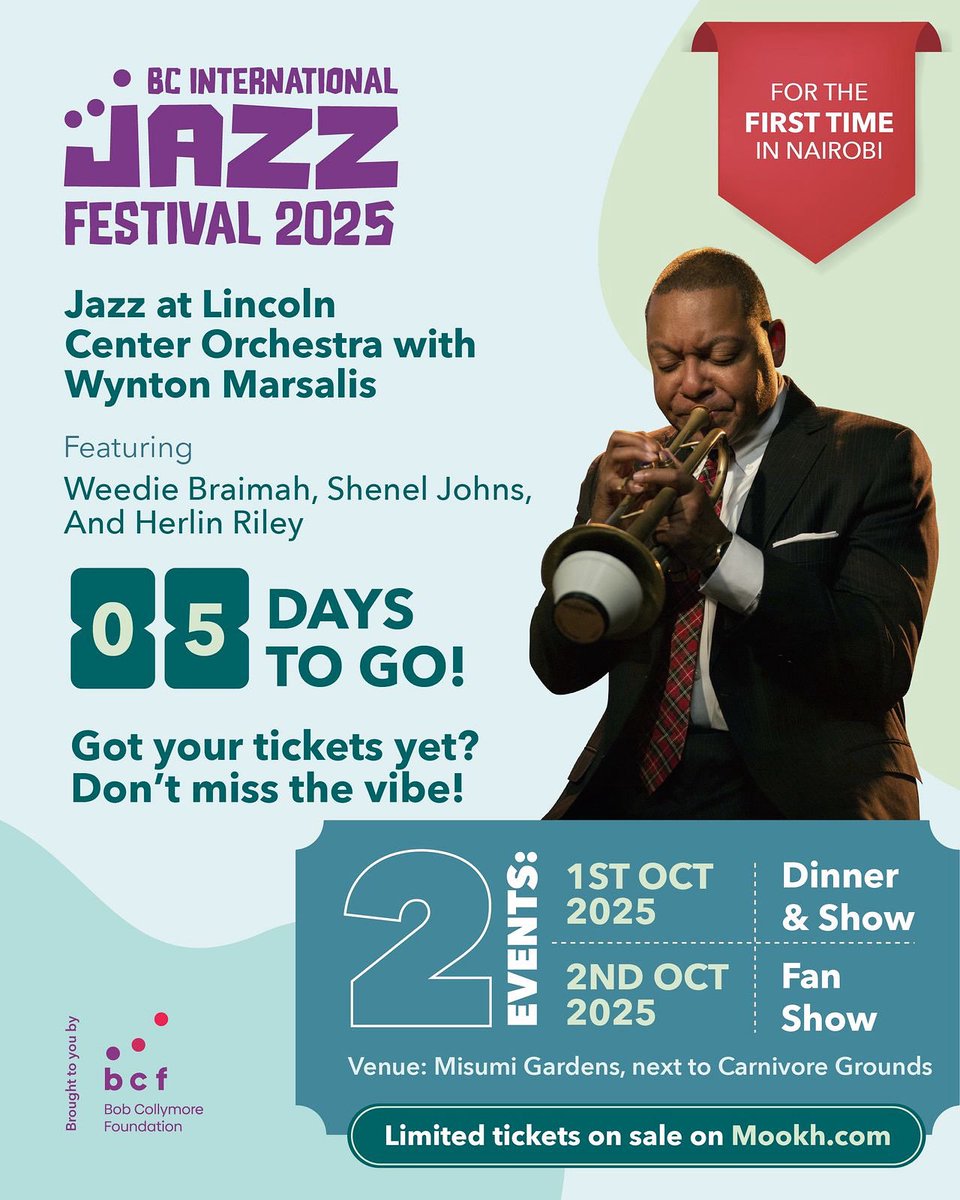 T-5 Days to the inaugural BC Jazz Lounge!! 

Get ready and get your tickets today at mookh.com 

#WyntonMarsalisinNairobi #BCJazzLounge 
#JazzForGood