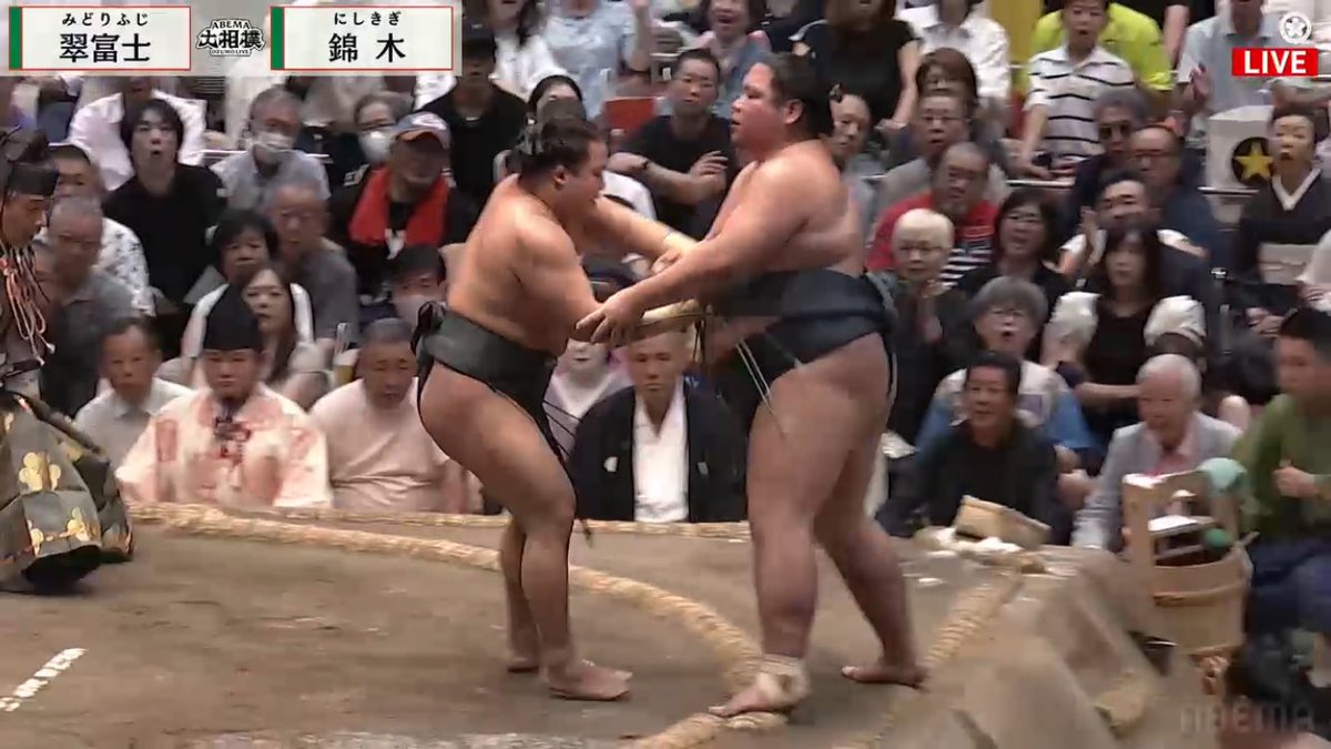 十三日目、錦木関、相手に前まわしを取られて力比べになり、観客から拍手が起こるほど長い力比べでしたが、結局寄り切られました。

小兵の力士は策を練ってきますね。
錦木関に抱え込まれないよう気をつけていました。

今現在、明日の錦木関の相手が発表されていません。
明日こそ白星！