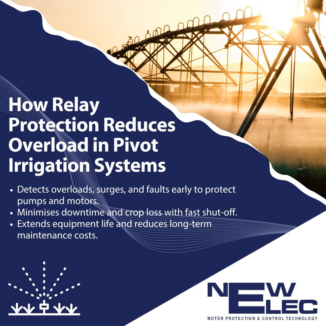 Pivot irrigation pump downtime is costly. 

Our protection detects cavitation, low flow, and overload, even with unstable power.

Protect Your Irrigation Pumps: newelec.co.za/agricultural-m…

#PivotIrrigation #MotorSafety #SmartFarming