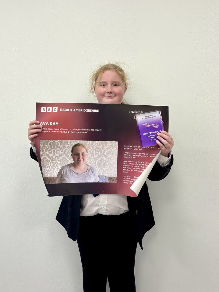 Astrea Academy Trust (@astreaacademies) on Twitter photo Ava was described as “resilient and selfless” at BBC Cambridgeshire’s #MakeADifference Awards 🌟
A young carer, fundraiser & community volunteer — Ava is a true inspiration and proof of the power young people have to make change. 👏 Ava was described as “resilient and selfless” at BBC Cambridgeshire’s #MakeADifference Awards 🌟
A young carer, fundraiser & community volunteer — Ava is a true inspiration and proof of the power young people have to make change. 👏