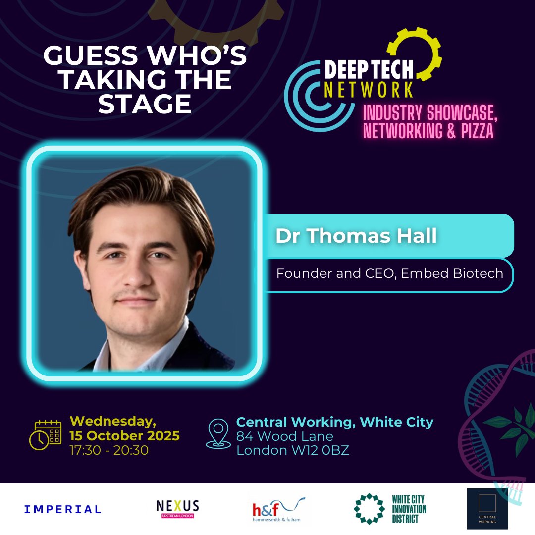 HelloUpstream's tweet image. Meet another inspiring voice joining Deep Tech Network Industry Showcase. Dr Thomas Hall👇
⚙️Founder & CEO of Embed Biotech and Honorary Research Fellow at Imperial College London
🎟️ lnkd.in/ds6wT8d3
#DeepTechNetwork #WestLondonInnovators #WCID #ScienceMeetsBusiness