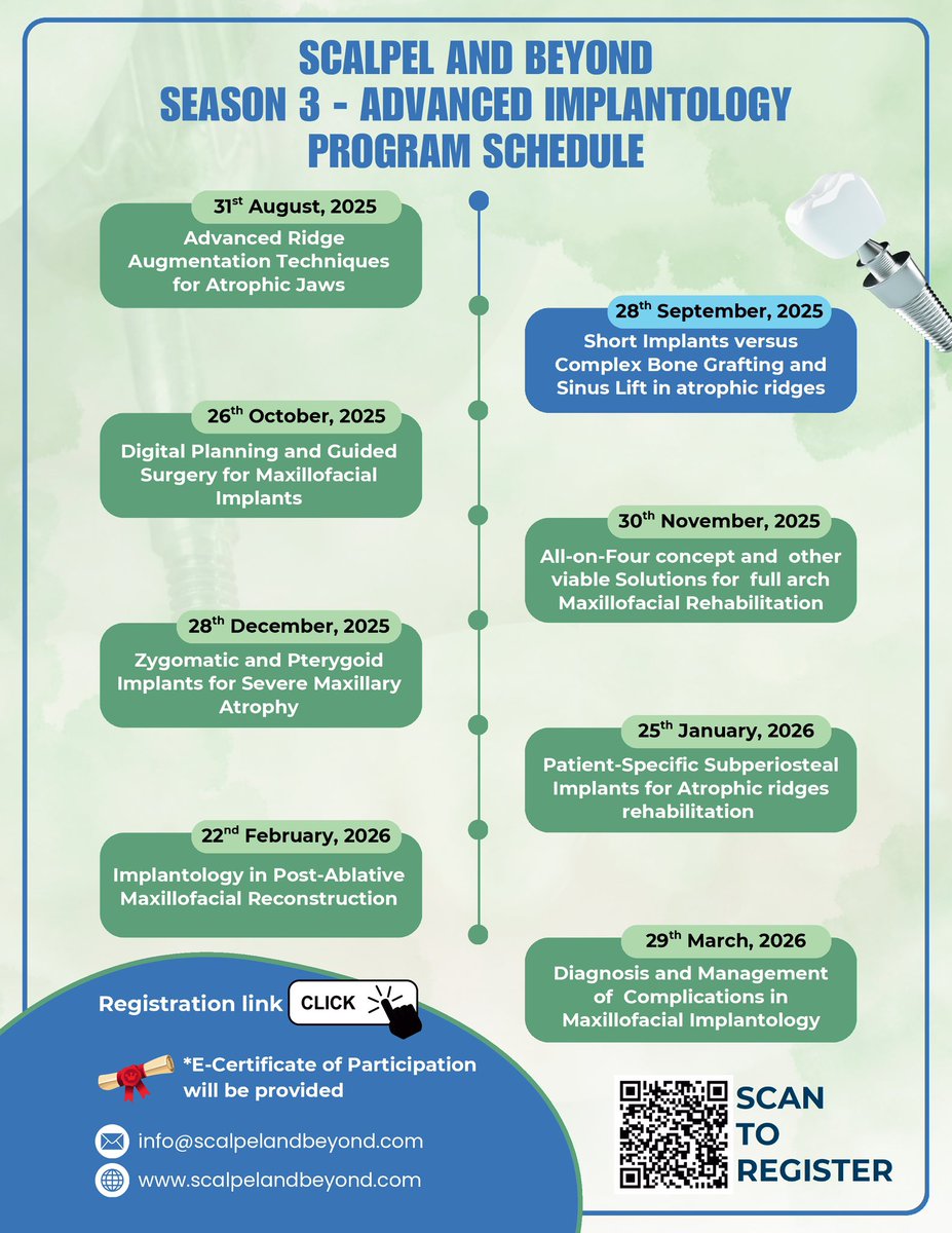 You are invited to register for a Masterclass on Advanced Implantology

When: September 28, 2025 11:00 AM India
Topic: Short Implants versus Complex Bone Grafting and Sinus Lift in atrophic ridges

Register in advance for this webinar:
us06web.zoom.us/webinar/regist…

After registering,