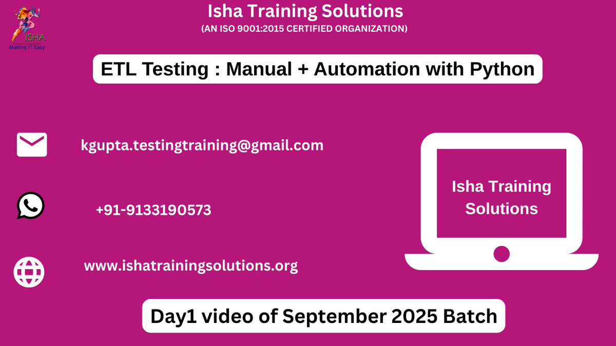 IshaKumargupta's tweet image. ETL Testing : Manual+Automation with Python-Day1 video
youtu.be/AVJn4d3O1CE
Enrolments are still in progress
Regular sessions will start from:26th Sep @ 9PM(IST)/26th Sep @ 11:30AM(EST)
The course Price: 6,900 INR /89 USD
call/WhatsApp @ +91-9133190573
#ETLTesting #DataTesting