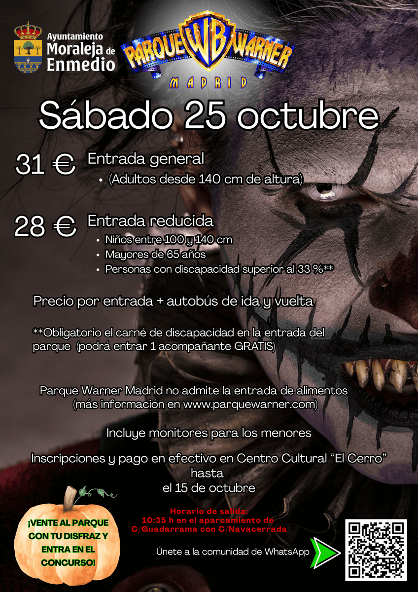 ¿Preparado para vivir la magia de Warner Madrid?
⏰ ¡Tienes 𝗵𝗮𝘀𝘁𝗮 𝗲𝗹 𝟭𝟱 𝗱𝗲 𝗼𝗰𝘁𝘂𝗯𝗿𝗲 para inscribirte!
Apúntate a la aventura más emocionante del año:

📅 Sábado 25 de octubre.
💰 Entrada: 31 €
Inscripciones en el Centro Cultural "El Cerro"