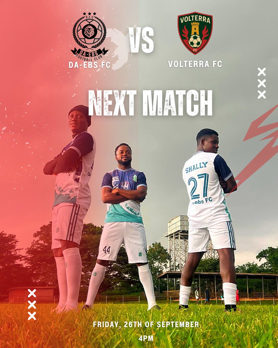 ⚽🔥 NEXT MATCH 🔥⚽

The stage is set! 💥
DA-EBS FC 🦁 vs VOLTERRA FC 🛡️

📅 Friday, 26th Sept
⏰ 4PM

The boys are locked in, the energy is unmatched—this clash promises fireworks! 💚⚡

Be there to cheer DA-EBS FC to victory! 🏆
#DaEbsFC