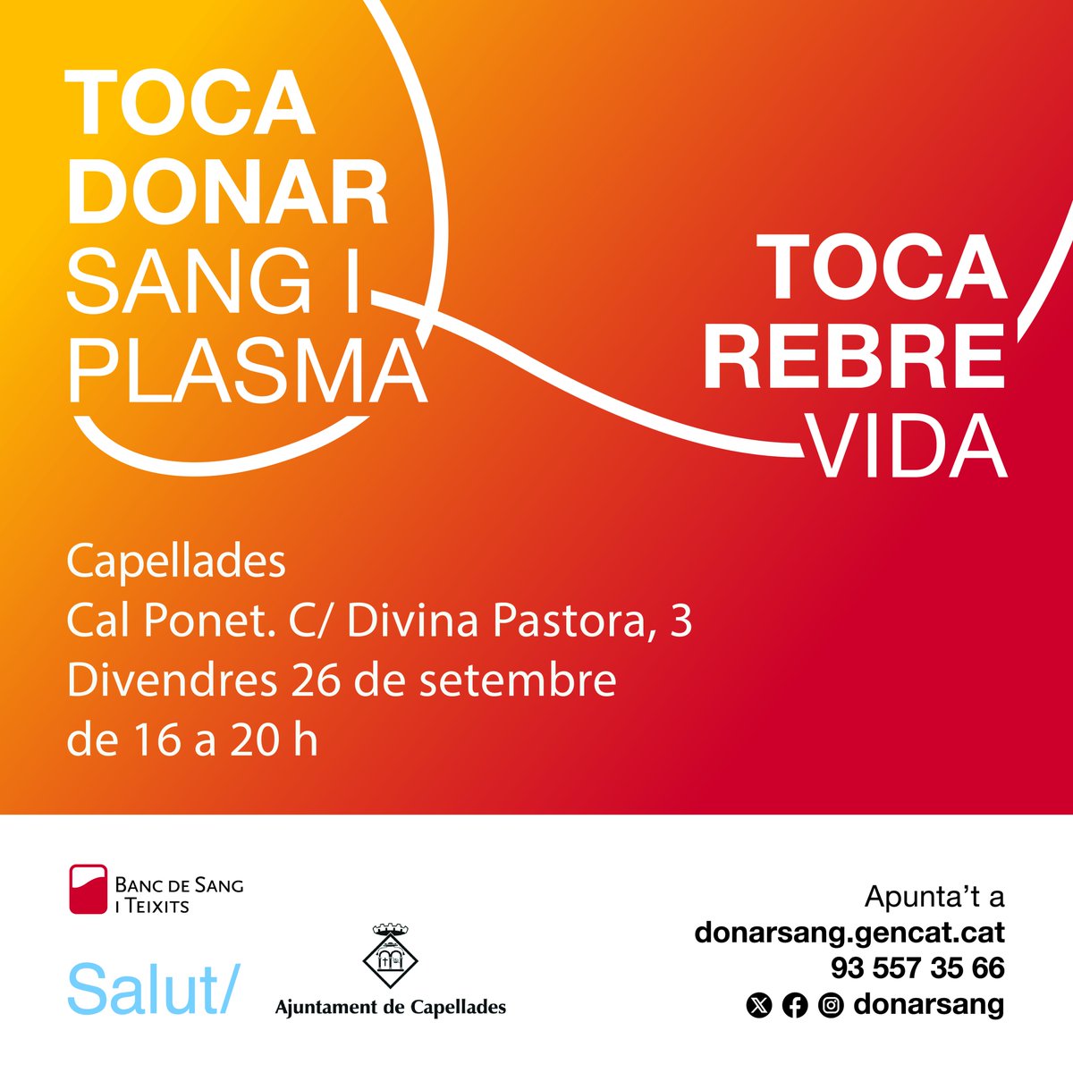 Encara queden places per donar sang avui a la tarda a Cal Ponet.

Ja t'has inscrit?
bancsang.net/ca/donacions/s…