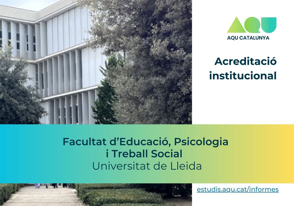 aqucatalunya's tweet image. Informem favorablement de l’acreditació institucional de la Facultat d’Educació, Psicologia i Treball Social de la Universitat de Lleida. Moltes felicitats, @UdL_info! 👉 aqu.cat/Coneix-AQU/Que…