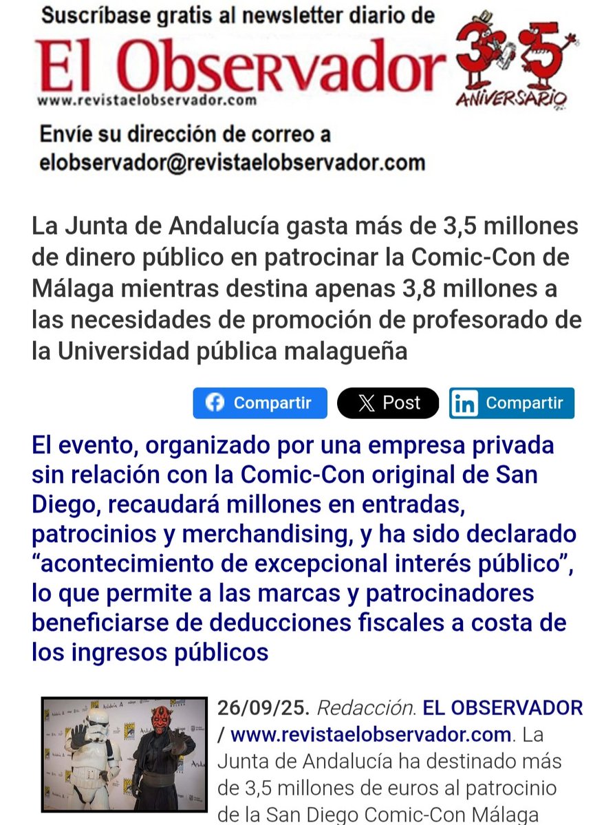 #OJO

#UnaFotoDeCasi4millonesDeEuros.

La #JuntaDeAndalucía y <a href="/JuanMa_Moreno/">Juanma Moreno</a> gastan más d 3,5 millones d dinero público en patrocinar la #Comic_Con d <a href="/malaga/">Ciudad de Málaga</a> mientras destina apenas 3,8 millones a las necesidades del profesorado d la #Universidad pública malagueña <a href="/InfoUMA/">Universidad de Málaga</a>.
.