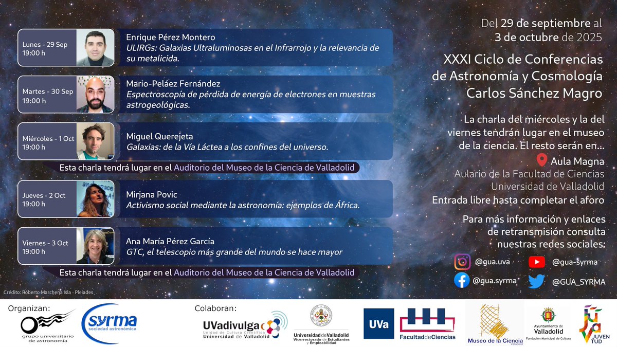 ¡Empezamos curso a lo grande! Con el XXXI Ciclo de Conferencias de Astronomía y Cosmología Carlos Sánchez Magro. La próxima semana tendremos charlas de astronomía de todo tipo todas las tardes. ¡No os las perdáis!