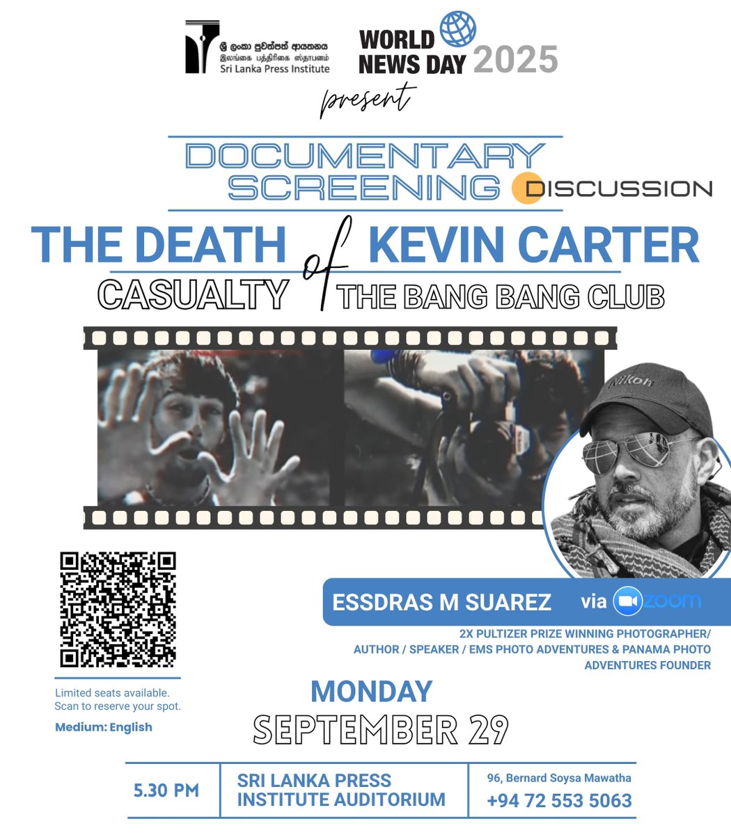Documentary screening &amp; discussion:

 The Death of Kevin Carter: Casualty of The Bang Bang Club
 Monday, September 29 | 
 5.30 PM
 Sri Lanka Press Institute Auditorium

 Register Now: – 
shorturl.at/pafHM

#SLPI #movie #discussion