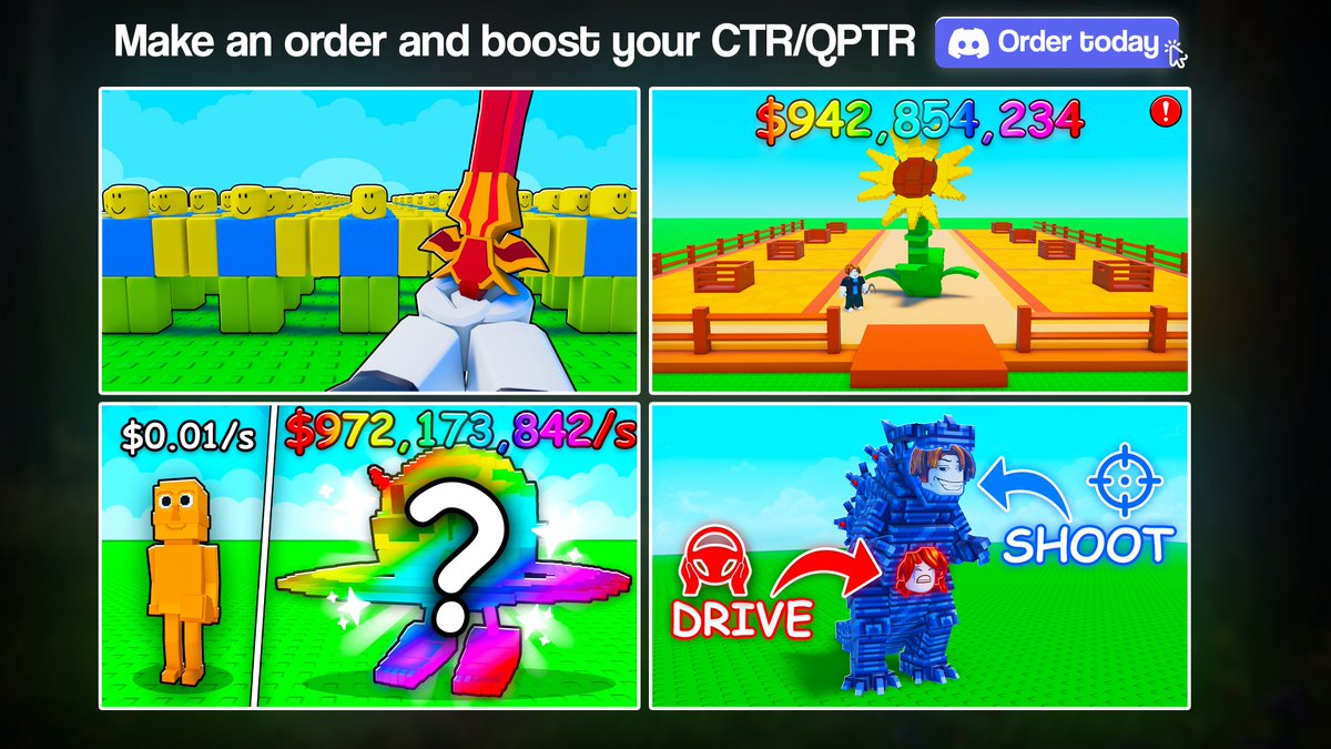 3DKoth's tweet image. NEW recent HIGH CTR/QPTR thumbnails, made in less than 24 hours aswell 💖
🚀Need a boost in your game stats? Order today discord.gg/ucymuTQ3wn 👈
Like &amp; RT to show support! ❤️🔥
#Roblox #RobloxDev #RobloxGFX #RobloxArt