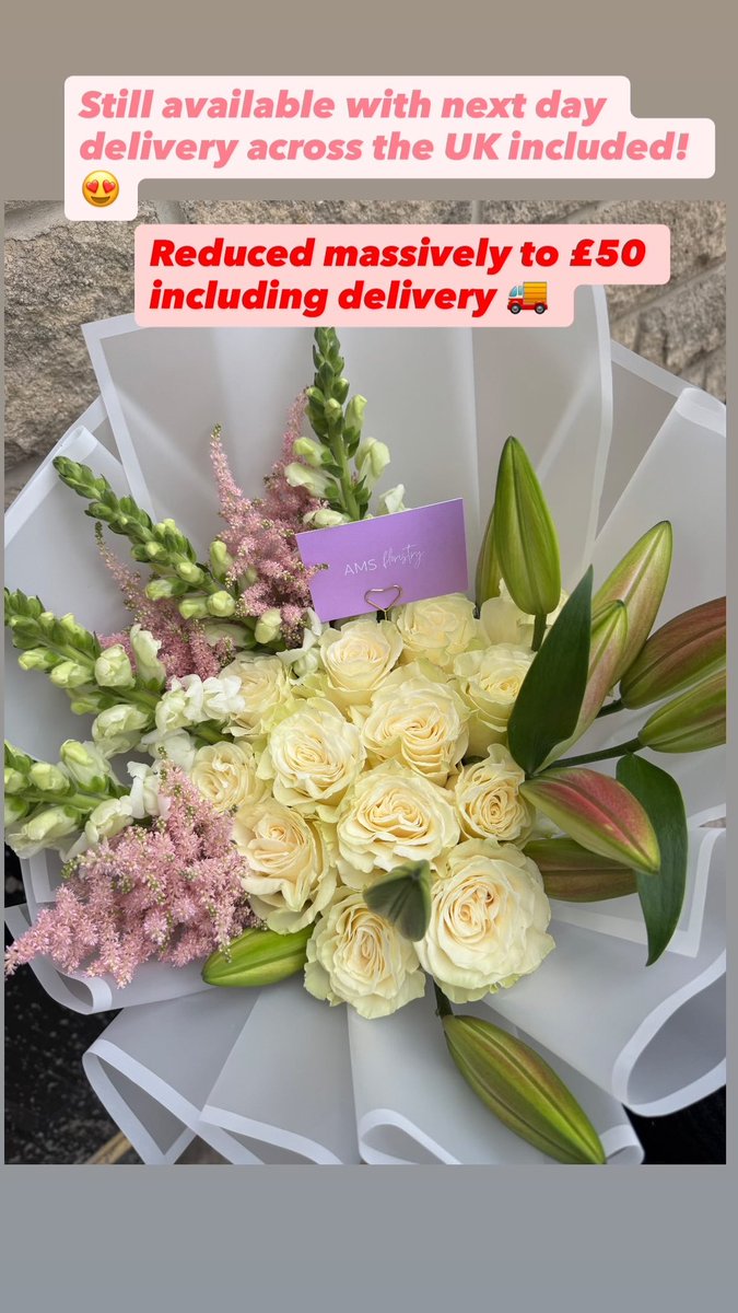 amsfloristry's tweet photo. Spare bouquet massively reduced to £50! Including next day delivery 🚚 
#flowers #bouquet #sparebouquet #florals #lillies #lilly #roses #bigbouquet #florist #flowershop #flowerdelivery https://t.co/5ePsNUdE7x