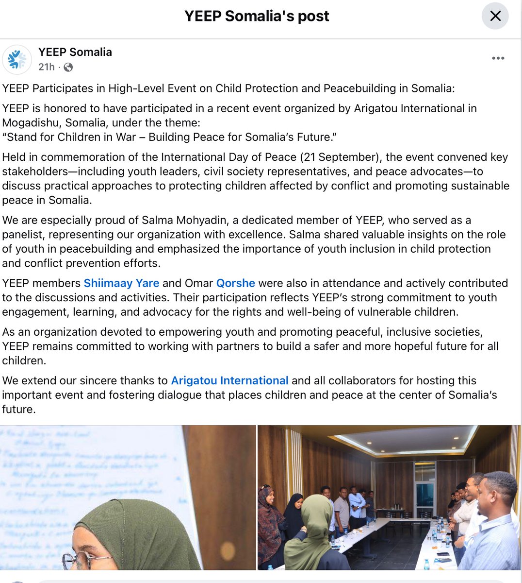 ArigatouGNRC's tweet image. To commemorate the International Day of Peace, GNRC Somalia convened youth leaders, civil society, and peace advocates in Mogadishu under the theme “Stand for Children in War Campaign, Building Peace for Somalia’s Future.”

With over 4.5 million #Somali children in need of aid…