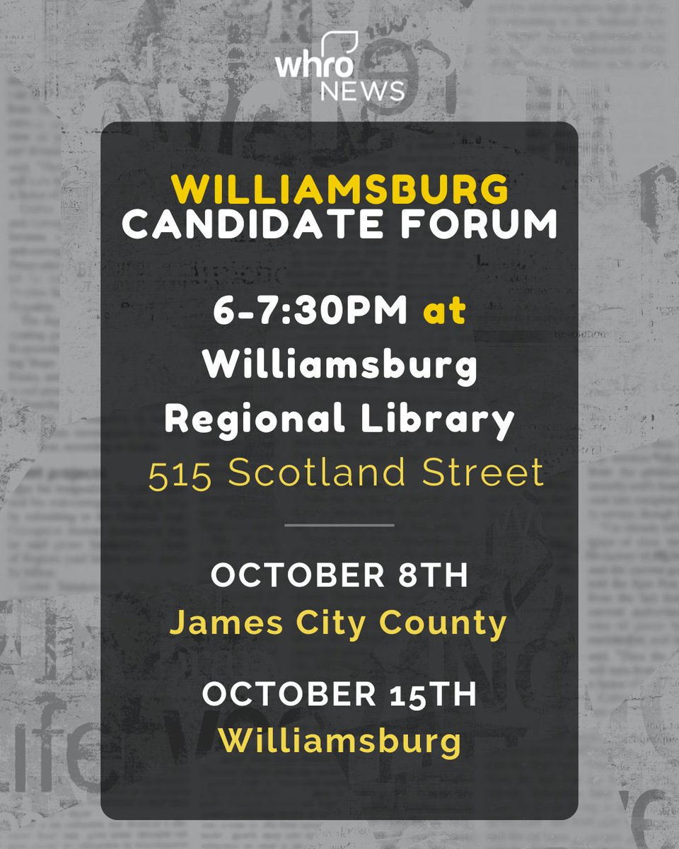 WHRO News had tons of events coming up around Tidewater, and we want to hear your thoughts 🫵

Come out to our Election Listening Sessions, Candidate Forums, and MAJOR Panel Event featuring our journalists to have your voice be heard!

➡️  LIBRARY LISTENING SESSIONS
SEPT 27TH: