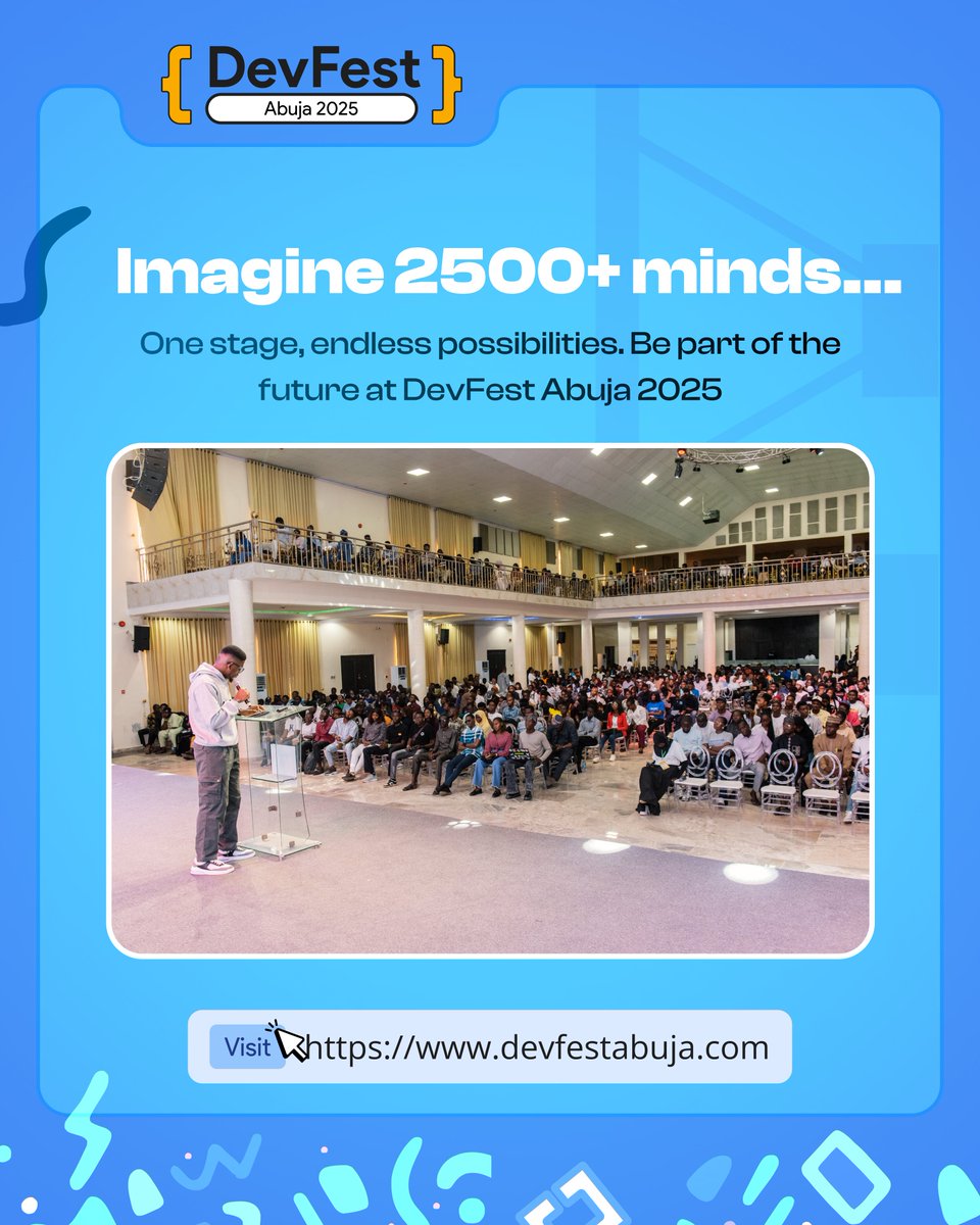 gdgabuja's tweet image. Imagine 2500+ brilliant minds, one stage, endless possibilities. 🚀 
Be part of the future at #DevFestAbuja 2025.

👉 Register now: devfestabuja.com

#DevFestAbuja2025