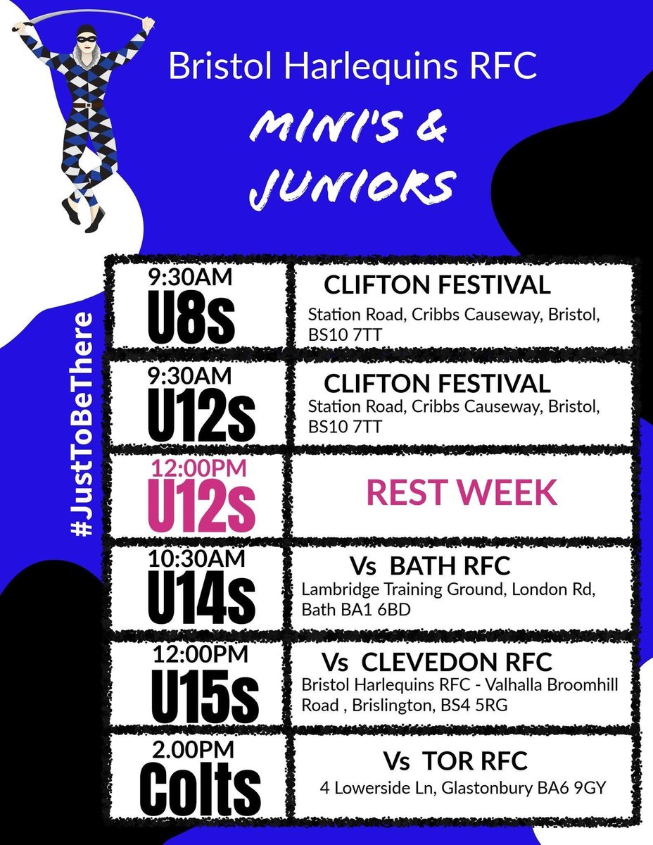 This weekend’s Minis &amp; Juniors fixtures 🔵⚫️⚪️

🏉 U8s &amp; U12s – Clifton Festival, 9:30am
🏉 U12s – Rest Week, 12:00pm
🏉 U14s – Away vs Bath RFC, 10:30am
🏉 U15s – Home vs Clevedon RFC, 12:00pm
🏉 Colts – Away vs Tor RFC, 2:00pm

#UTQ #COYQ