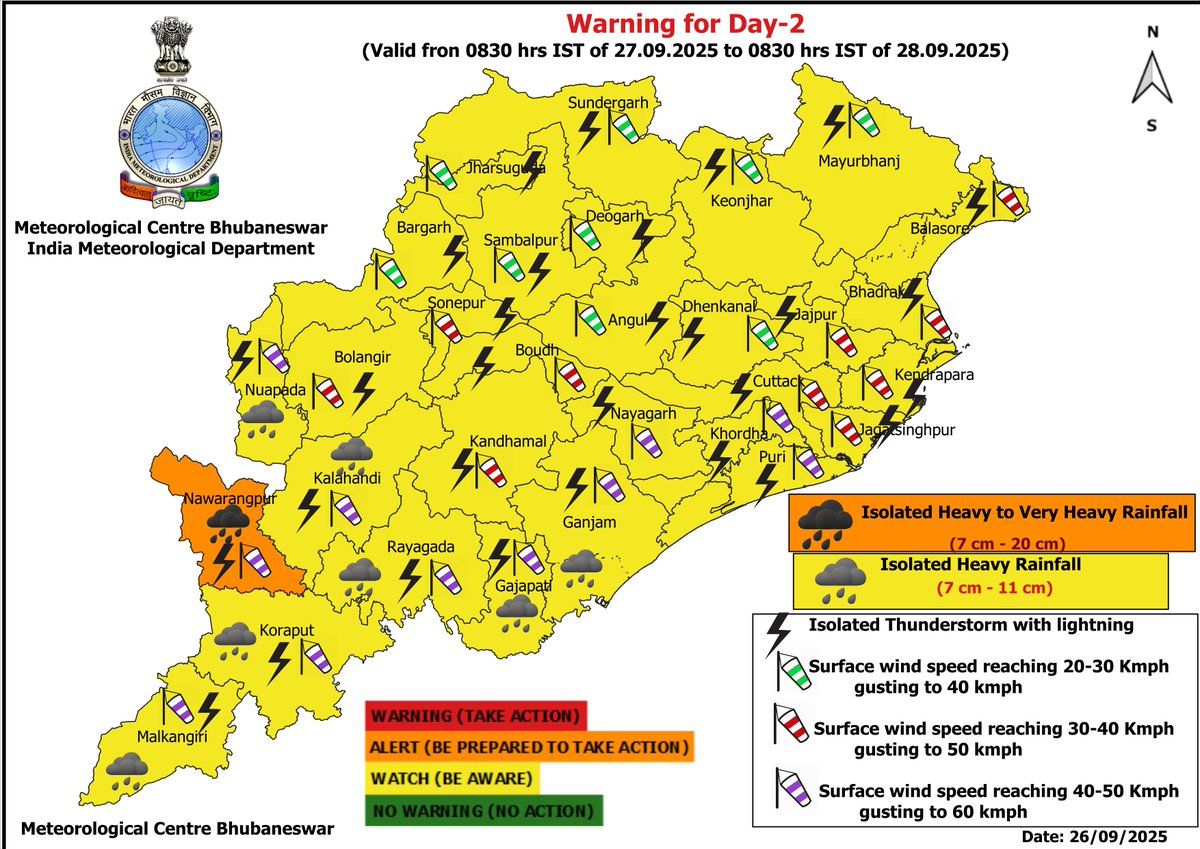 mcbbsr's tweet photo. Warnings over the State.  
Day-1 : Extremely Heavy Falls, Heavy to Very Heavy Rainfall, Thunderstorm/Lightning &amp; Gusty Surface Wind warning.
Day-2 : Heavy Rainfall, Thunderstorm/Lightning &amp; Gusty Surface Wind warning.
Day-3 : Thunderstorm/Lightning &amp; Gusty Surface Wind warning. https://t.co/AYhLyUqEMk