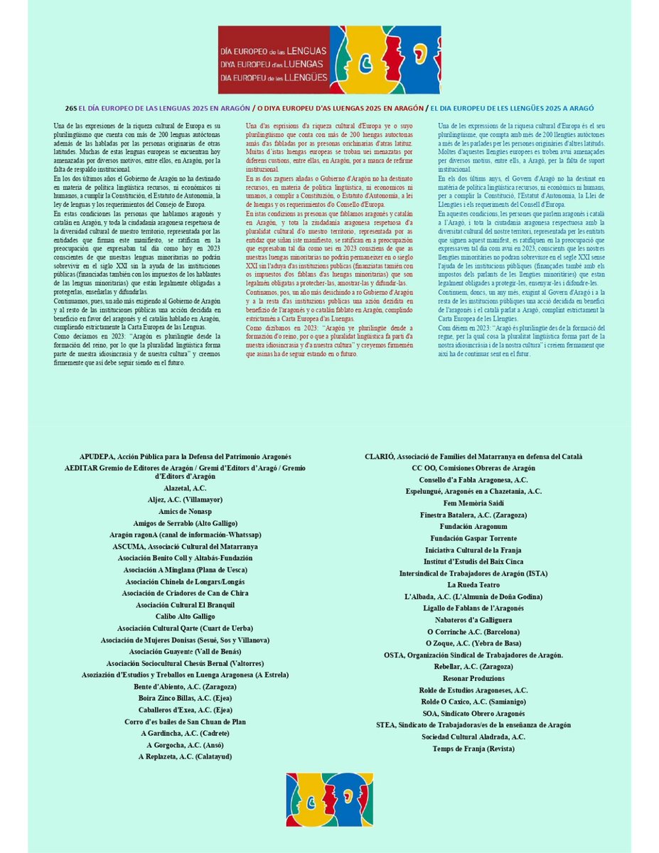 Mes de 50 entidaz aragonesas siñan o manifiesto d'iste DIYA EUROPEU D'AS LUENGAS, 26 setiembre de 2025.
Lo suscribes tamién tú?

<a href="/cfa_consello/">Consello_CFA</a> <a href="/aragon_2015/">ARAGÓN</a> <a href="/REA_rolde/">Rolde de Estudios Aragoneses</a>  <a href="/FundGasparTorre/">Fund Gaspar Torrente</a> <a href="/ligallo/">Ligallo de Fablans de l'Aragonés</a>  <a href="/CCOOAragon/">Comisiones Obreras Aragón</a> <a href="/OSTAsindicato/">OSTA</a> @ISTA_STEA @SOA ... y asinas dica 50.