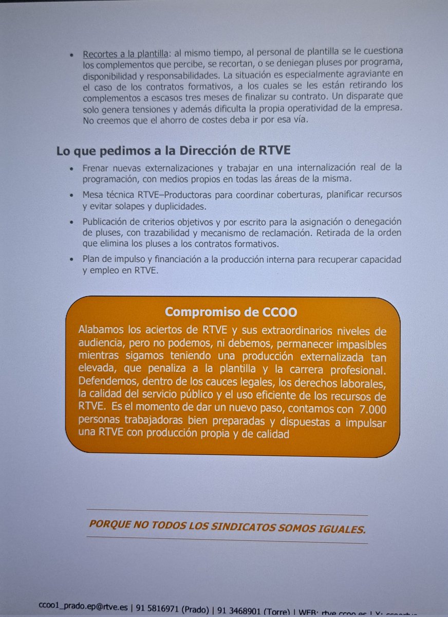 Estamos en contra de la externalización de programas y coberturas, por eso lo hemos denunciado ante la Inspección de Trabajo. Ahora además, recortan los pluses en algunas áreas y centros. La semana próxima habrá reunión con RRJH.
 extra.rtve.es/ccoo/lahoja/25…