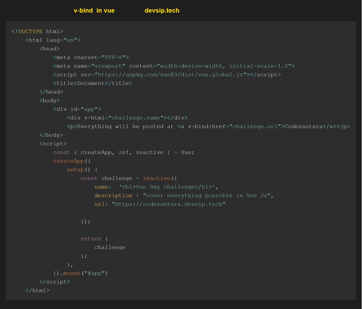 koomekelvink's tweet image. Day 1 of 10 Days Vue challenge

In Vue, v-bind makes attributes reactive. Instead of hardcoding values, it links them to data - below if challenge.url changes, the &amp;lt;a&amp;gt; tag’s href updates instantly. Perfect for dynamic links, classes, styles &amp;amp; more! 

#VueJS #Reactivity