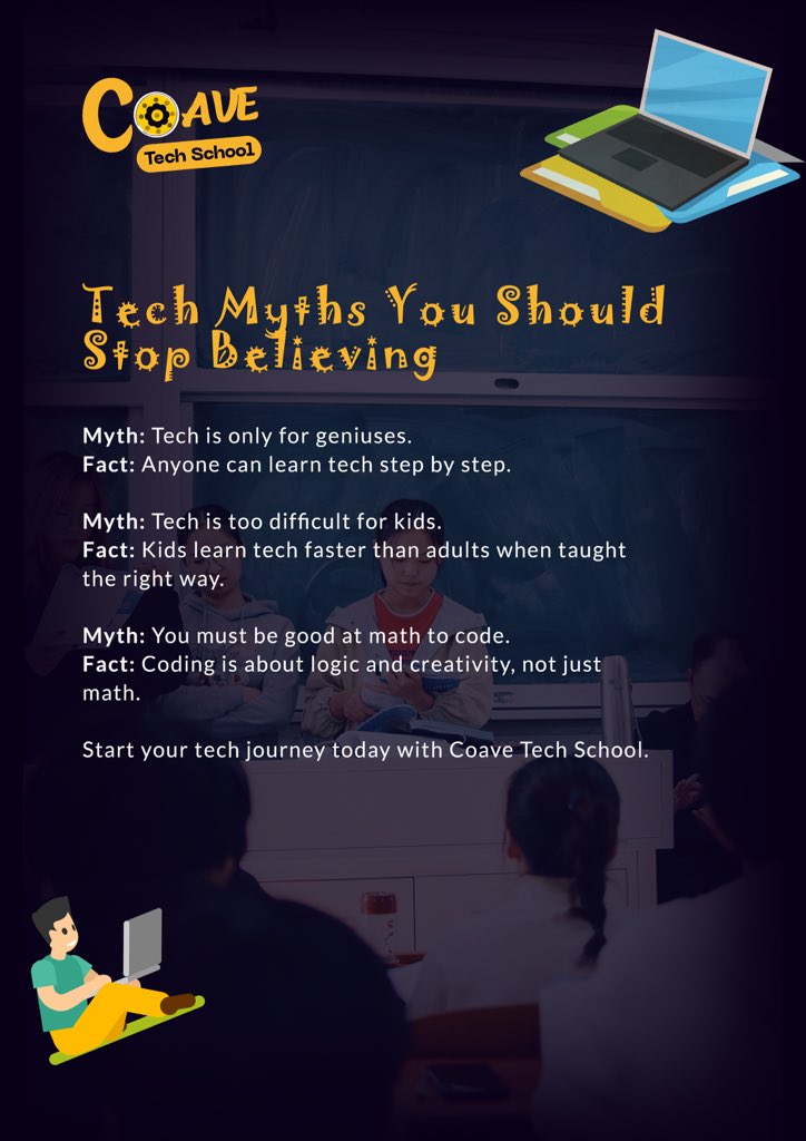 CoaveTech's tweet image. There are so many tech myths out there and at Coave Tech School, we’re here to bust those myths with facts and share the truth about learning digital skills. 
Follow us to learn more and stay ahead in tech!

#coave #coavetechschool #coaveinnovations #techmyths #techmythsvsfacts