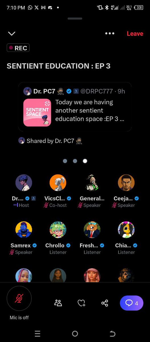 I was invited by Dr. PC7 to Speak about Sentient two days ago. 

WE talked about Sentient and shared details on Contribution and staying positioned in the Sentient community. 

If you want to learn about <a href="/SentientAGI/">Sentient</a> , then hop on any Sentient Space you see me speaking. 
I'll