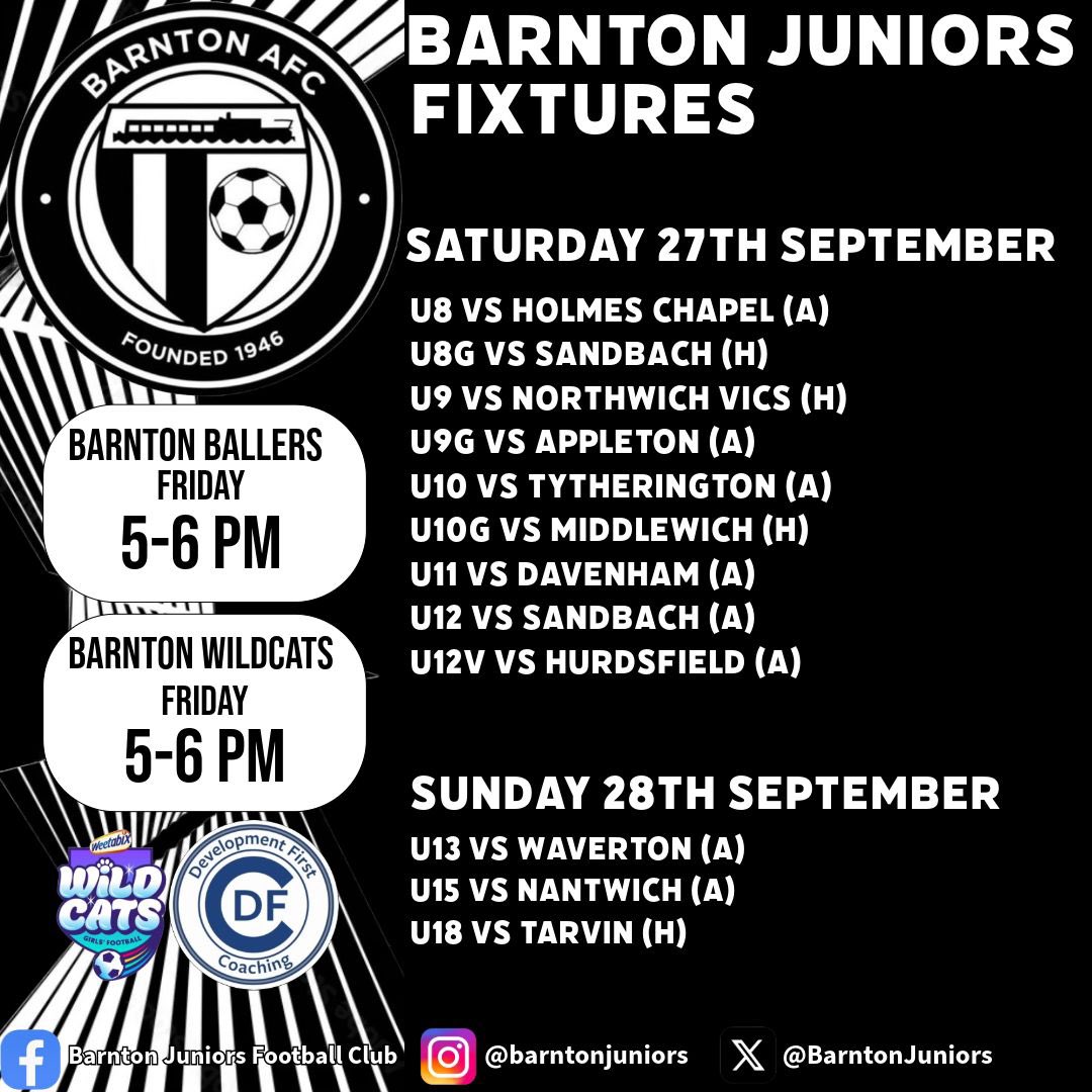 Here we go again 👊🏻 

<a href="/BarntonBallers/">Barnton Ballers</a> &amp; <a href="/BarntonWildcats/">Barnton Wildcats Centre</a> tonight at Moss Farm (5-6pm) ⚫️⚪️

<a href="/barntonfc/">Barnton AFC</a> good luck in the🏆 

Good luck everyone &amp; enjoy it!! 
🖤🤍

#UTV #OneClub #FinoAllaFine