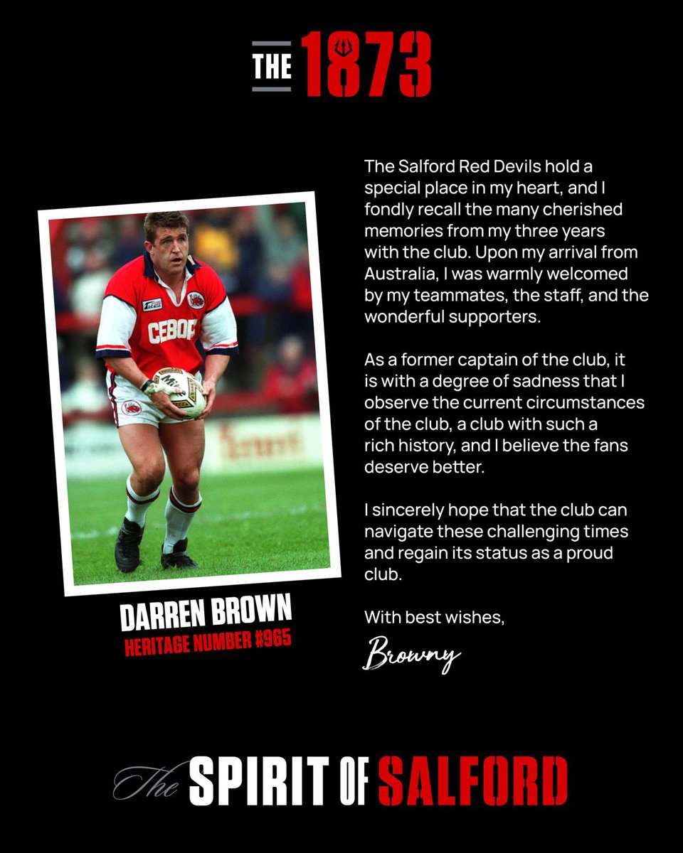 Former captain Darren Brown reminds us what Salford Red Devils has always stood for. Pride, passion, and a rich history built on its people. Now more than ever, the club and its fans deserve better. 

Together, we can carry the Spirit of Salford forward.

The 1873