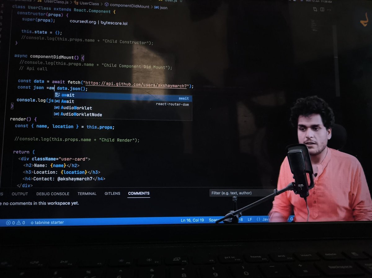 dev_Ashish1's tweet image. React 1.5hrs✅

Learnt about class based components, it&apos;s constructors, state variable and its updation.
It&apos;s lifecycle 💪

It was my first time learning about class based components n you made it very simple @akshaymarch7 ✌️ 
Thankyou 

#MERN #90daysgrind #90daysofcode #follow