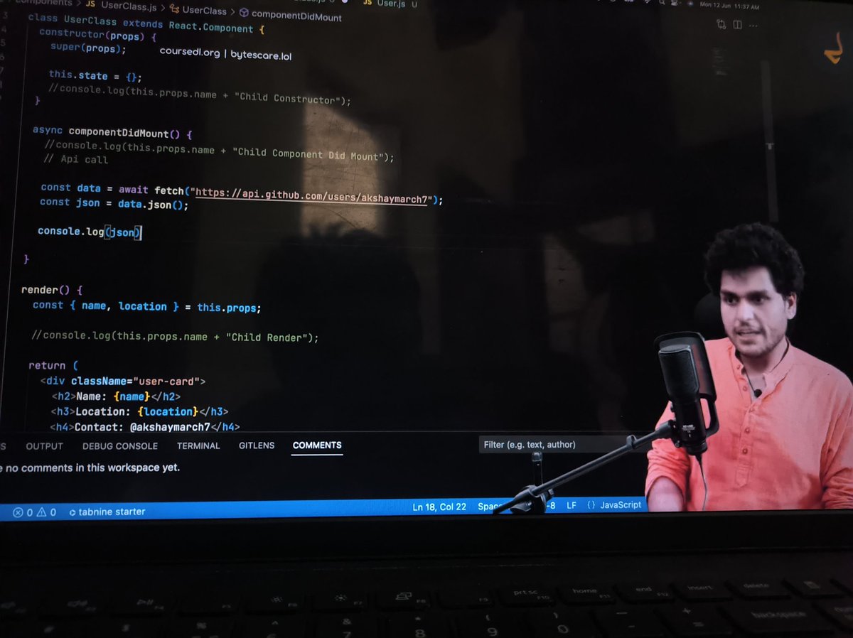 dev_Ashish1's tweet image. React 1.5hrs✅

Learnt about class based components, it&apos;s constructors, state variable and its updation.
It&apos;s lifecycle 💪

It was my first time learning about class based components n you made it very simple @akshaymarch7 ✌️ 
Thankyou 

#MERN #90daysgrind #90daysofcode #follow