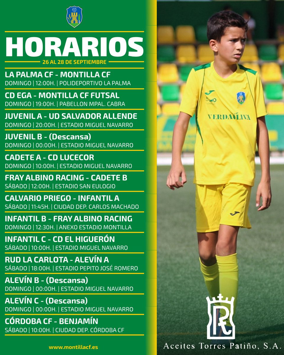 🗓️ 𝗔𝗚𝗘𝗡𝗗𝗔 𝗣𝗔𝗥𝗧𝗜𝗗𝗢𝗦 | La agenda del <a href="/MontillaCF/">Montilla C.F.</a> para este fin de semana. 

👉 montillacf.es/p/partidos-fin…

#Montilla #Cantera #Futsal #Vinicola #MontillaCF 💛💚