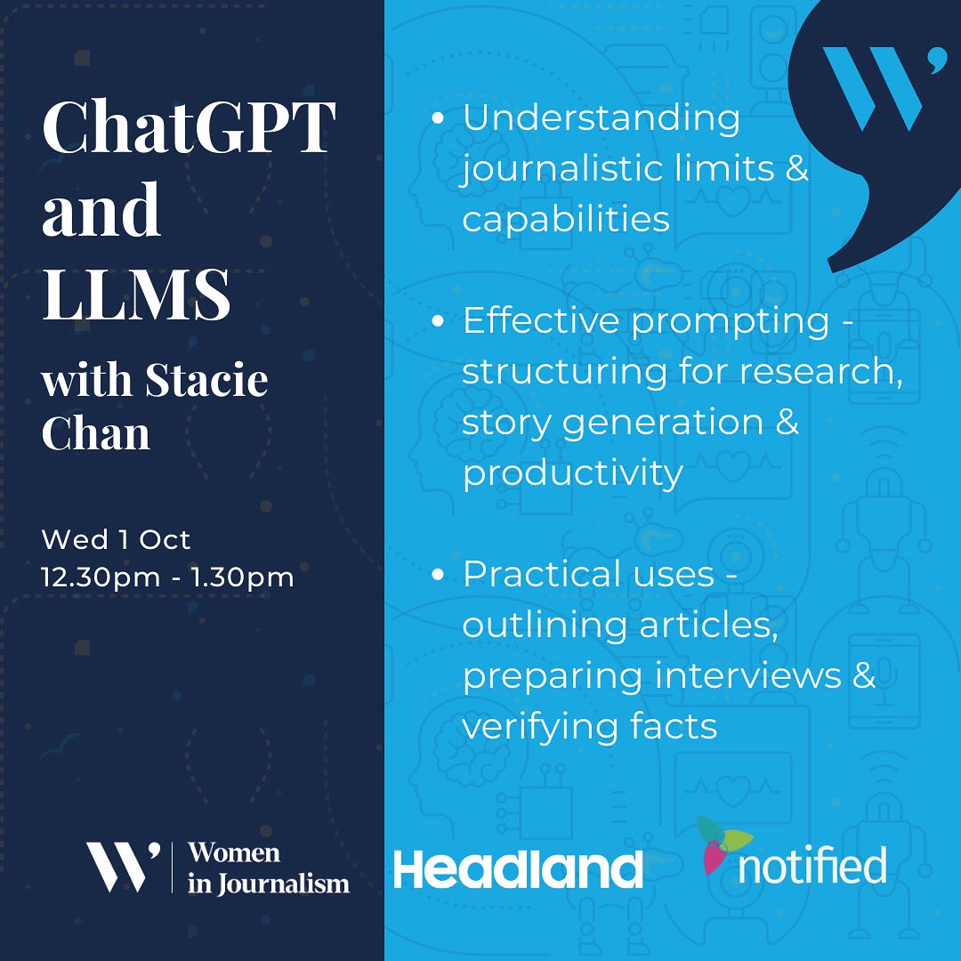 Our 10-part AI training series kicks off next week 💻

We start with <a href="/staciechan/">Stacie Chan</a> talking all things ChatGPT and LLMs

Sponsored by <a href="/HeadlandComms/">Headland</a> <a href="/Notified/">Notified</a> 

Grab your tickets now ➡️ womeninjournalism.co.uk/tickets/p/ai-t…