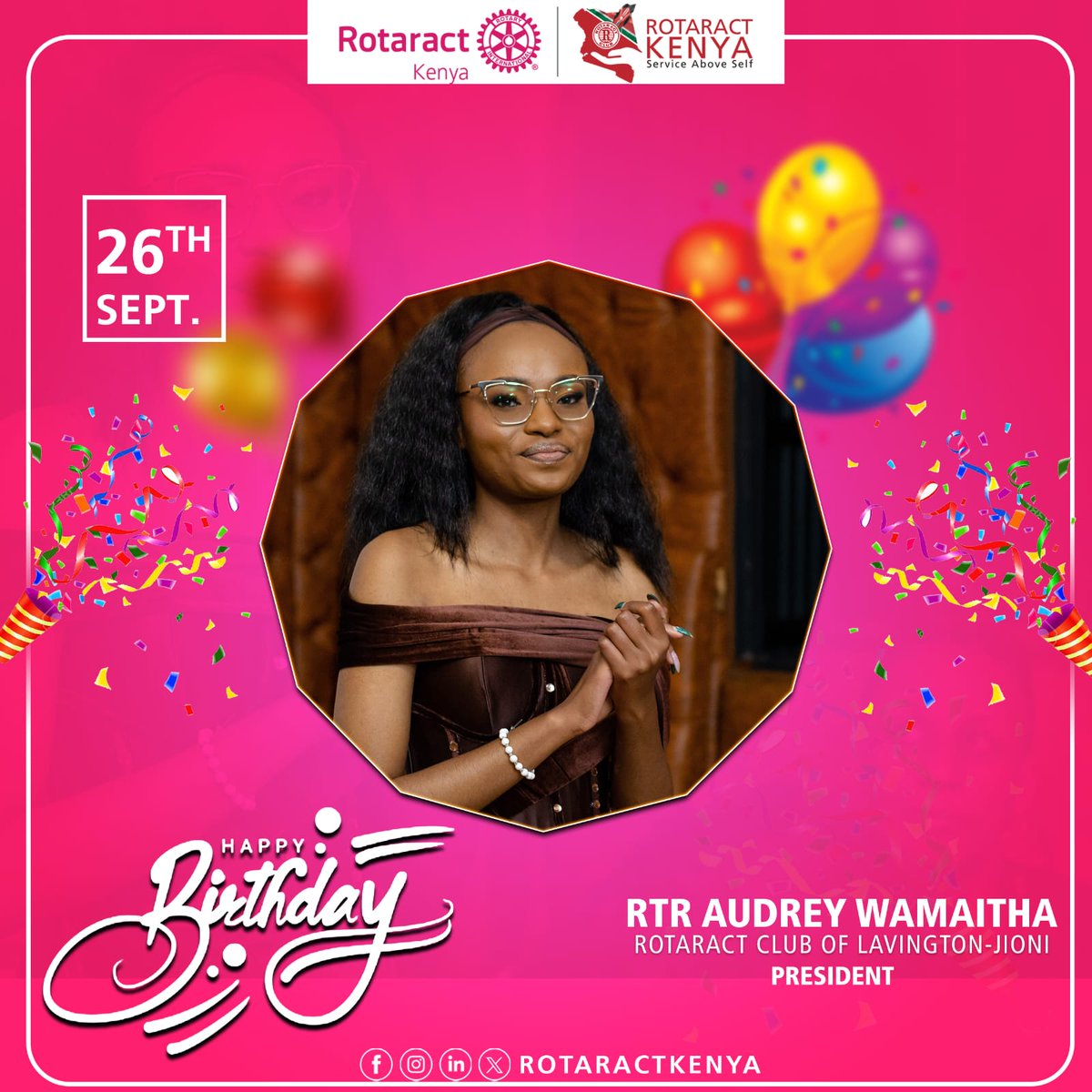 Happy Birthday, President Audrey! 🎉 Wishing you a year filled with joy, growth, and impact💫As you celebrate today, may your leadership continue to inspire and transform the community in meaningful ways!🥳🥳 
#rotaractkenya #MakeItHappenD9212 #rotaractdistrict9212 #UniteForGood