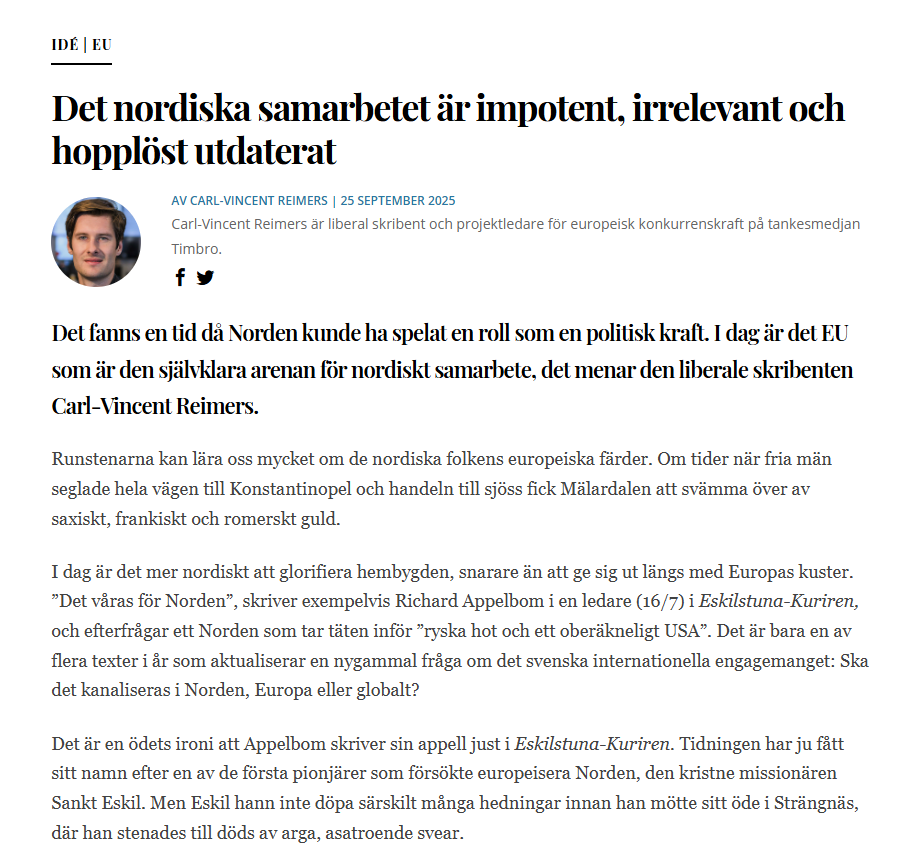 Det nordiska samarbetet är impotent, irrelevant och hopplöst utdaterat. Läs min rallarsving mot det nordiska samarbetet i <a href="/liberaldebatt/">Liberal Debatt</a>.👇