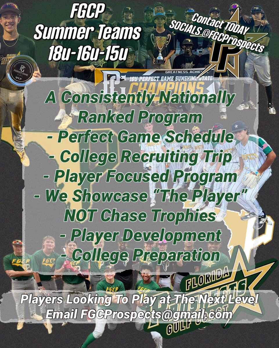 FGCP looking to fill a few spots for summer ball…and the recruiting trip is next level!  Contact Coach Seth with questions…let’s Go!
<a href="/Seth_3773/">Seth McClung</a> <a href="/FGCProspects/">Florida Gulf Coast Prospects</a>