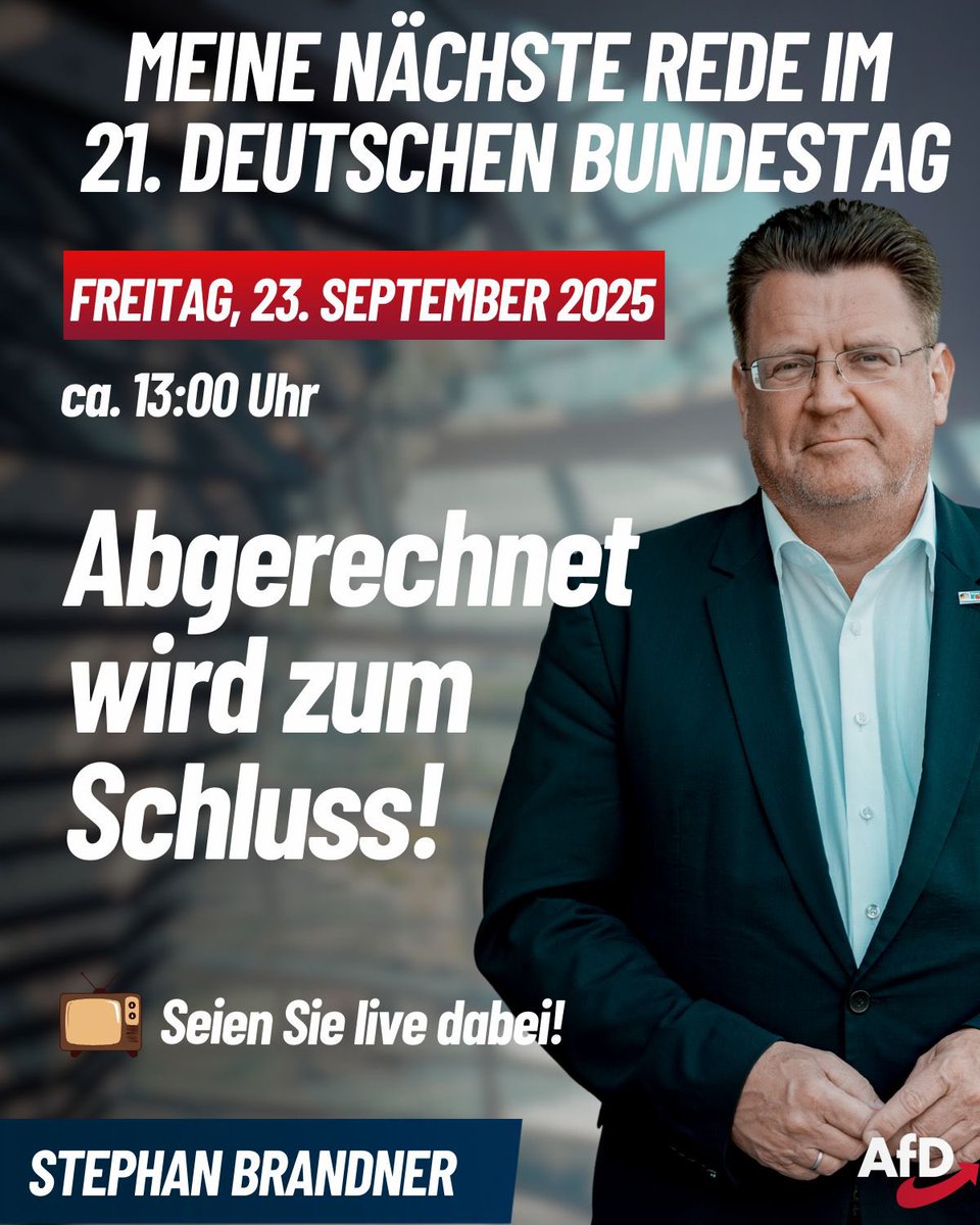 BrandnerSt's tweet image. Gleich ist's soweit:
Wieder eine Rede🗣️von mir im
#Reichstag!
Tipp:
Einschalten 📺 &amp;amp; zuschauen🥰
#AfD🇩🇪
#wirhabendasDirektmandat👍 
#WK193 #Berlin #Bundestag #Brandner