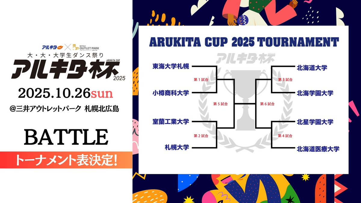 大・大・大学生ダンス祭りアルキタ杯（ARUKITA CUP）2025 10.26 sun@三井アウトレットパーク 札幌 北広島！バトルのトーナメント抽選会を25日にインスタライブで発表しました〜！アルキタ杯まであと1ヵ月！トーナメント表はぜひシェアしてください！#アルキタ杯
