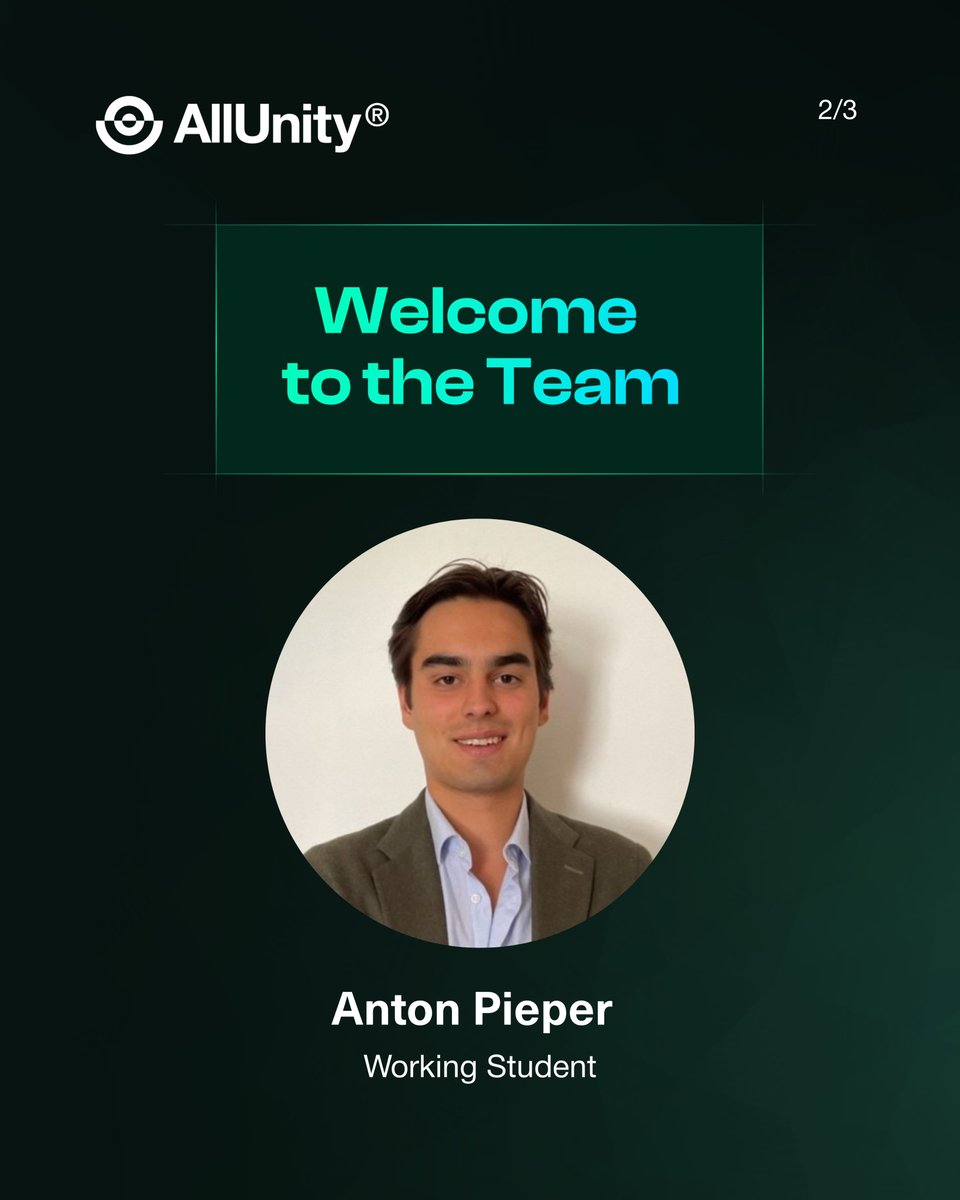 AllUnityStable's tweet image. 👋 Welcoming three working students to AllUnity   
🚀 Pei-Hsuan Chen - Marketing & Events team
🚀 Anton Pieper - Business Development team  
🚀 Sher Jang - Office & People Management team 
Welcome aboard @AllUnityStable!  
#AllUnity #JoinAllUnity #EURAU #FutureOfFinance