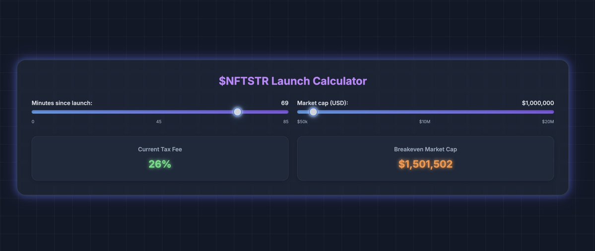 0xRodo's tweet image. SquiggleStrategy launches today.

If you want to prepare for this and other NFTStrategy drops, here&apos;s a reminder of the tool I vibe coded.

It helps you find the best time to ape. Set the minutes since launch and the market cap to find the breakeven marketcap.

Link below 👇